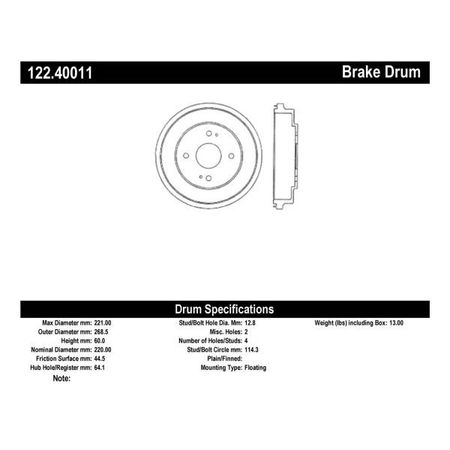 Centric Parts Premium Brake Drum, 122.40011 122.40011